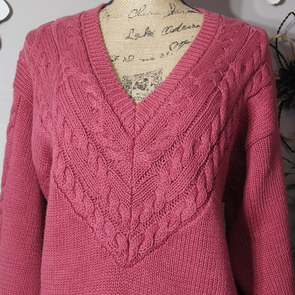 Women's Medium STYLE NEW YORK Pink V-Neck Cable Knit Solid Sweater Tunic